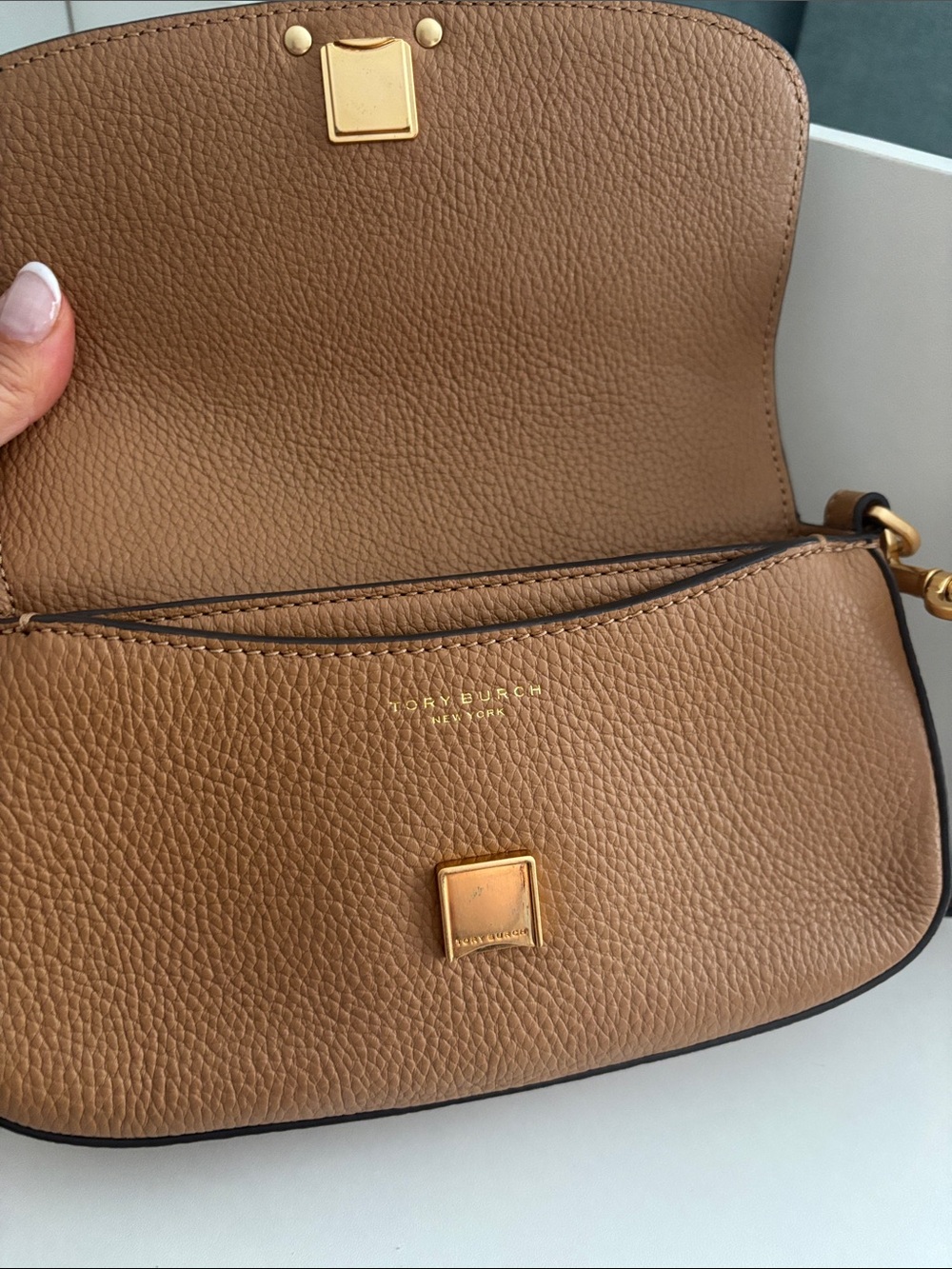 Tory Burch Brown Pebbled Leather Crossbody with Gold Logo - Picture 2 of 5